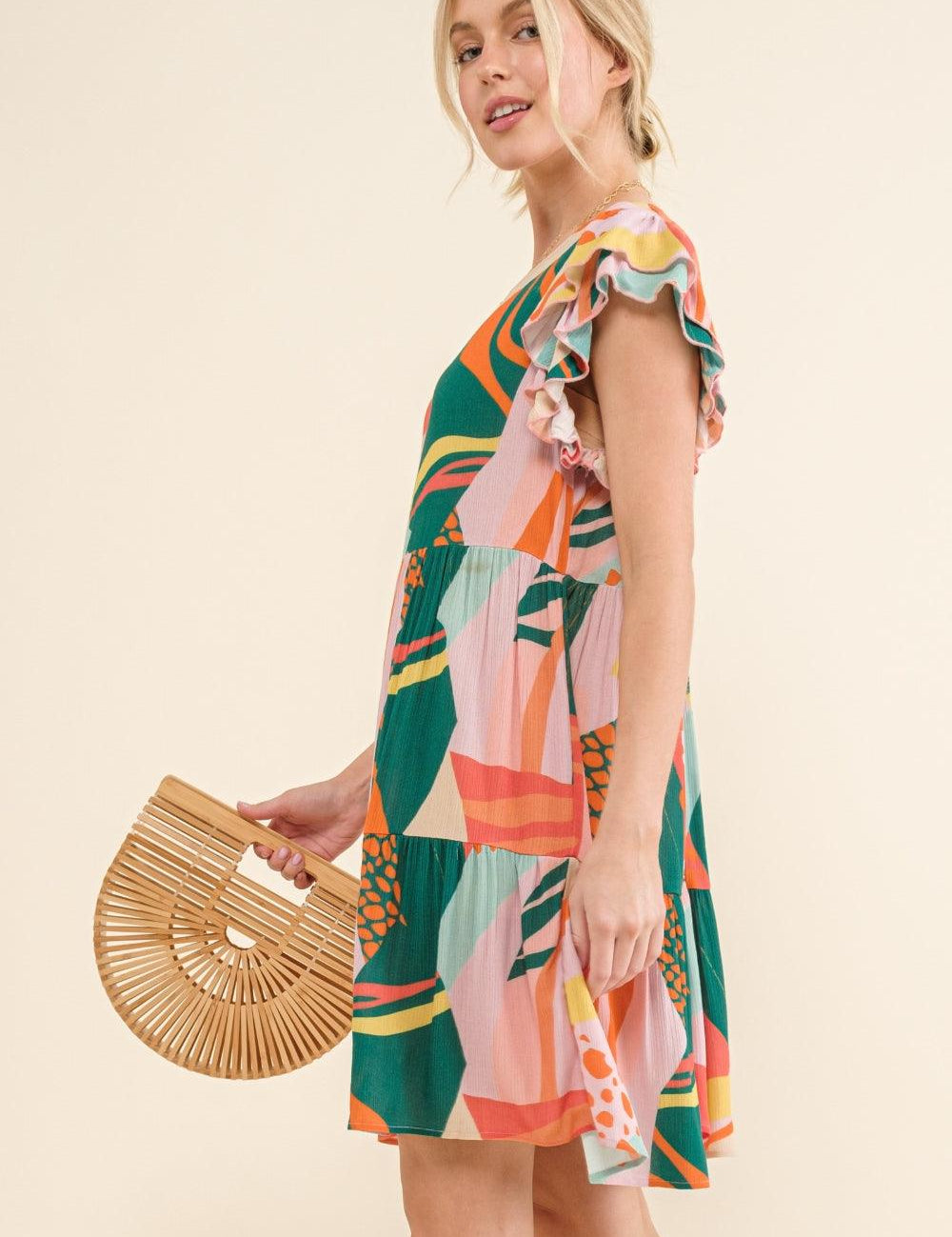 And The Why Printed Double Ruffle Sleeve Dress | Daverri Fashions