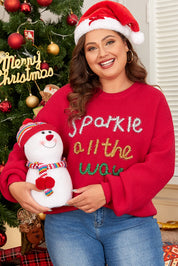 Racing Red Sparkle All The Way Tinsel Crew Neck Plus Size Sweater | Plus Size/Plus Size Sweaters & Cardigans Daverri Fashions