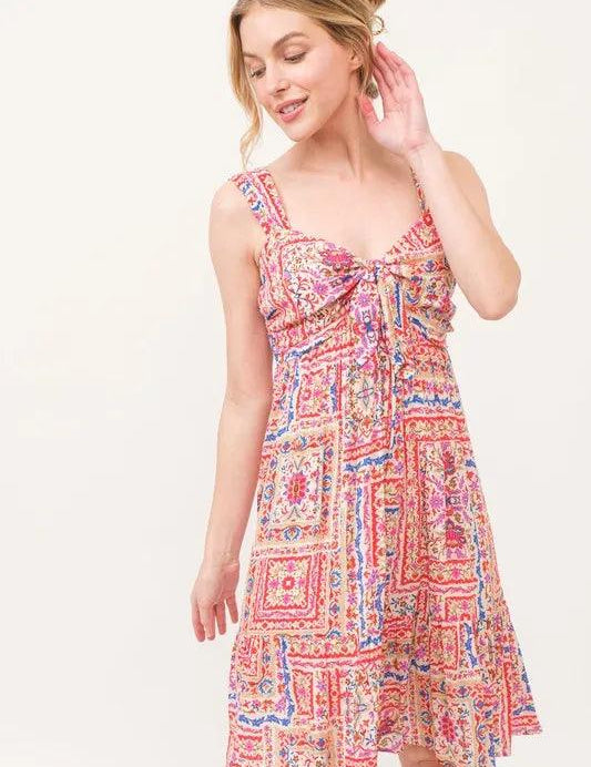 Red Multi M And The Why Tied Front Smocked Back Tiered Boho Printed Dress | Knee Length Dresses Daverri Fashions