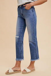 Annie Wear Distressed Raw Hem Straight Leg Cropped Jeans | Daverri Fashions