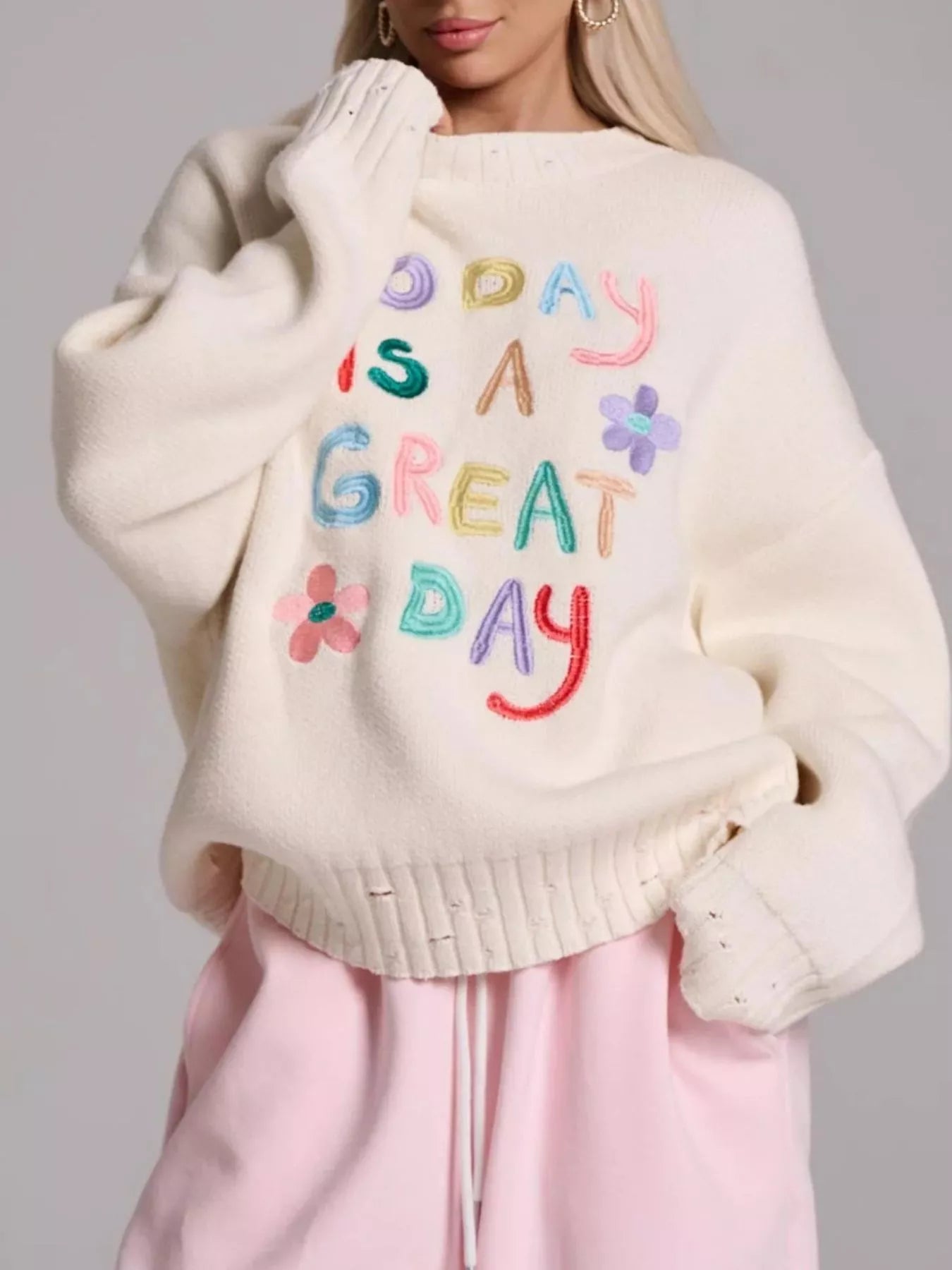 Cream Embroidered 'Great Day' Dropped Shoulder Sweater | Sweaters Daverri Fashions