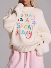 Cream Embroidered 'Great Day' Dropped Shoulder Sweater | Sweaters Daverri Fashions