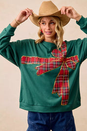 BiBi Plaid Ribbon Bow Detail Christmas Fleece Pullover | Sweatshirts Daverri Fashions