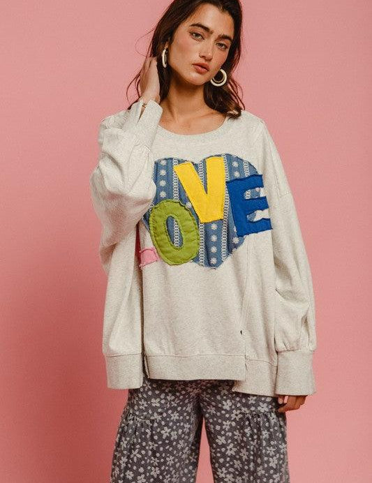 Light Gray M BiBi LOVE Heart Patch Slit French Terry Sweatshirt | Sweatshirts Daverri Fashions