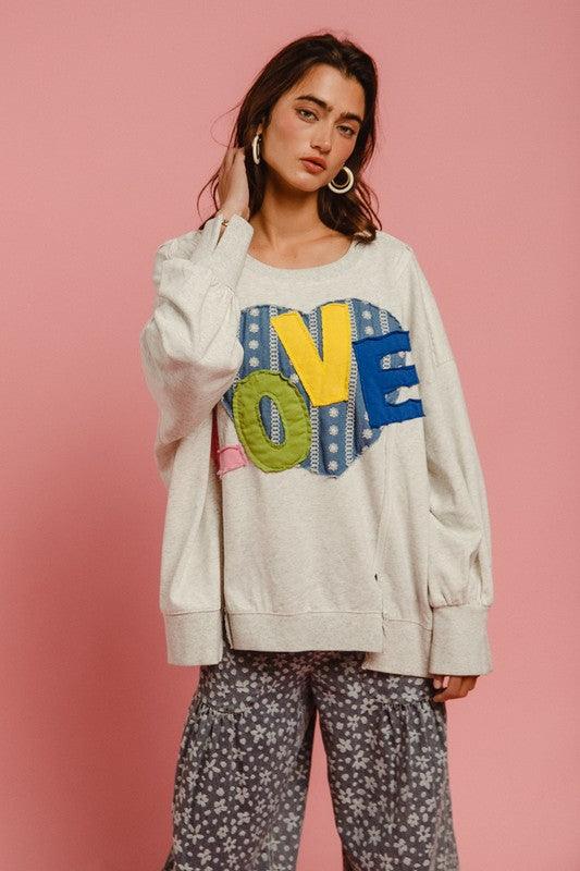 Light Gray M BiBi LOVE Heart Patch Slit French Terry Sweatshirt | Sweatshirts Daverri Fashions