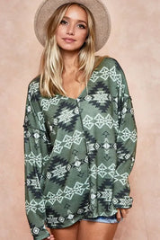 BiBi Aztec Print Brushed Out Stitching Detailed Top | Tops Daverri Fashions