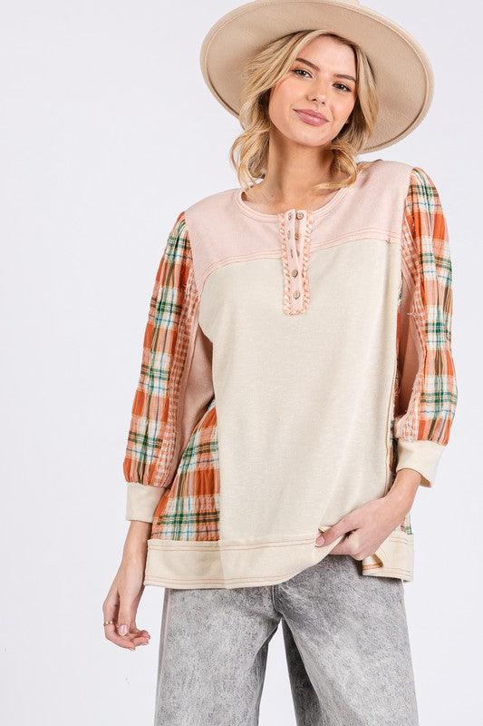 SAGE + FIG Exposed Seam Button Detail Plaid Top | Tops Daverri Fashions