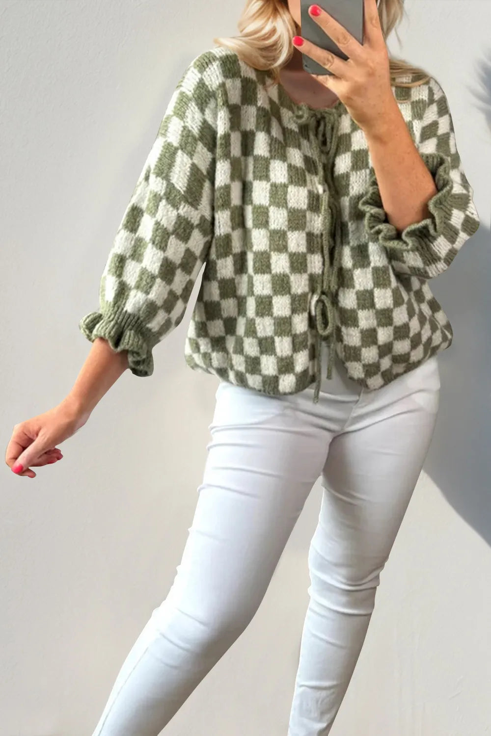 Double Take Tied Checkered Dropped Shoulder Flounce Sleeve Cardigan | Cardigans Daverri Fashions