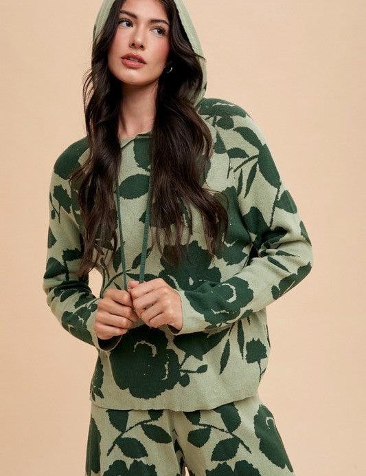 Green combo XL Annie Wear Flower Pattern Drawstring Hooded Top and Shorts Sweater Set | Outfit Sets Daverri Fashions