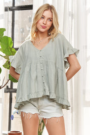 SAGE ADORA Button Down Ruffled Babydoll Blouse | Daverri Fashions