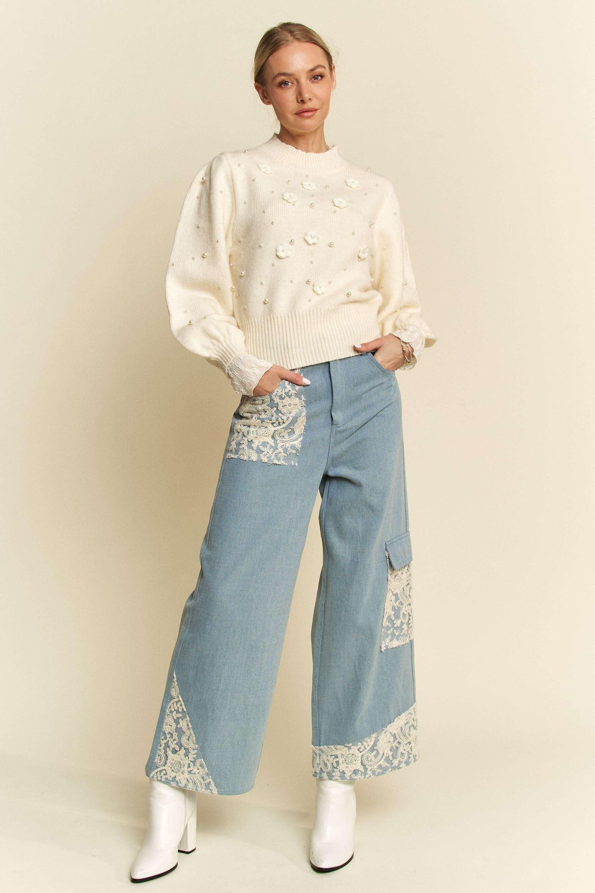 Davi & Dani Lace Applique Wide Leg Jeans | Jeans Daverri Fashions