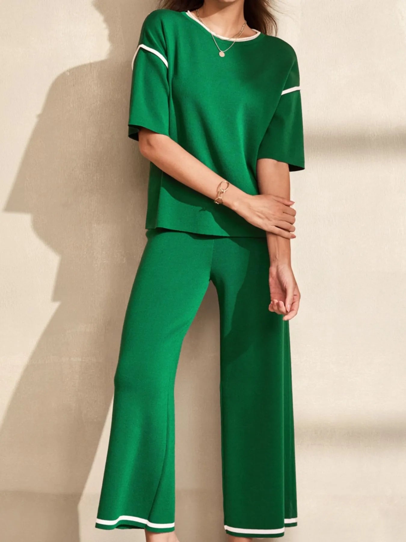 Dark Green Contrast Trim T-Shirt and Drawstring Pants Set | Loungewear Sets Daverri Fashions