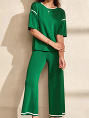 Dark Green Contrast Trim T-Shirt and Drawstring Pants Set | Loungewear Sets Daverri Fashions