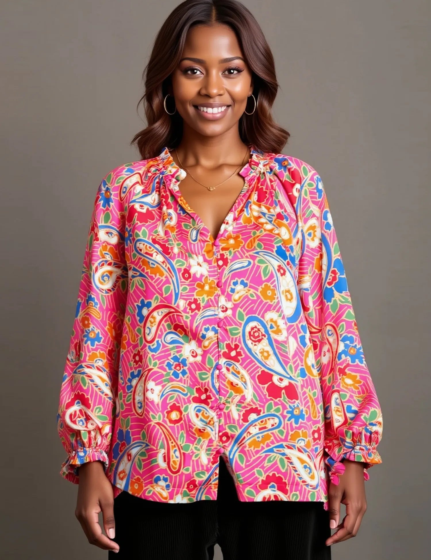 Umgee Full Size Satin Paisley Ruffle Neck Button-Up Shirt Plus Size | Shirts Daverri Fashions