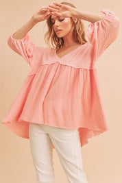 Watermelon pink Aemi + Co High-Low Frayed Hem V-Neck Blouse | Daverri Fashions