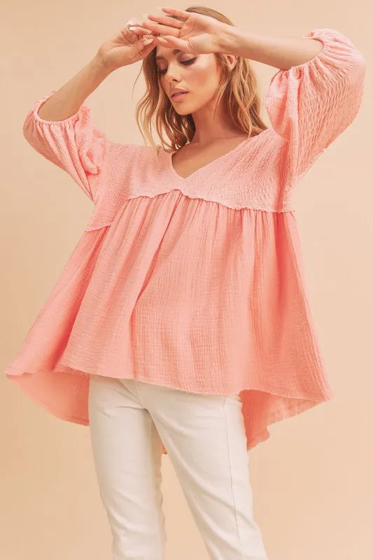 Watermelon pink Aemi + Co High-Low Frayed Hem V-Neck Blouse | Daverri Fashions