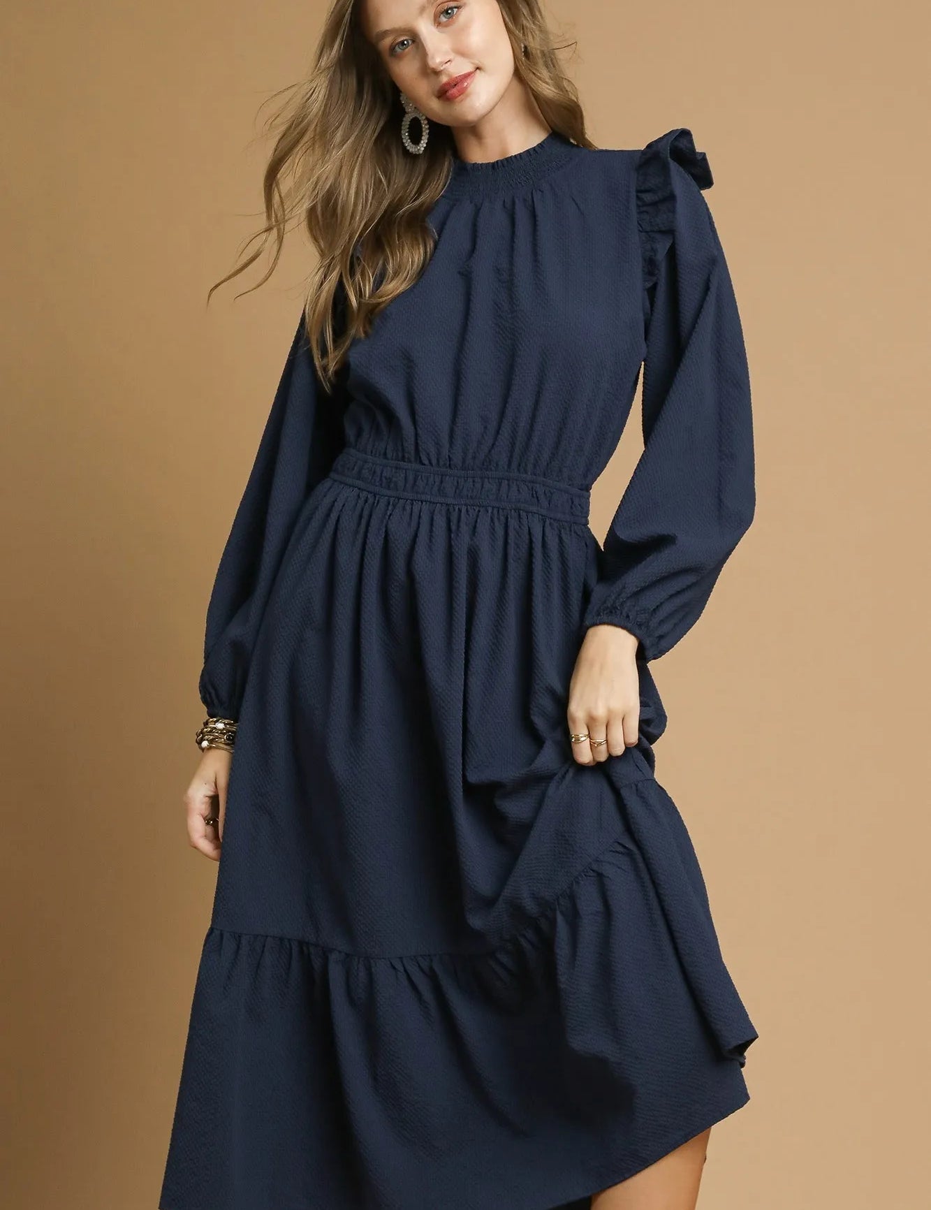 Navy Umgee Textured Midi Dress with Ruffle Shoulder Detail | Daverri Fashions