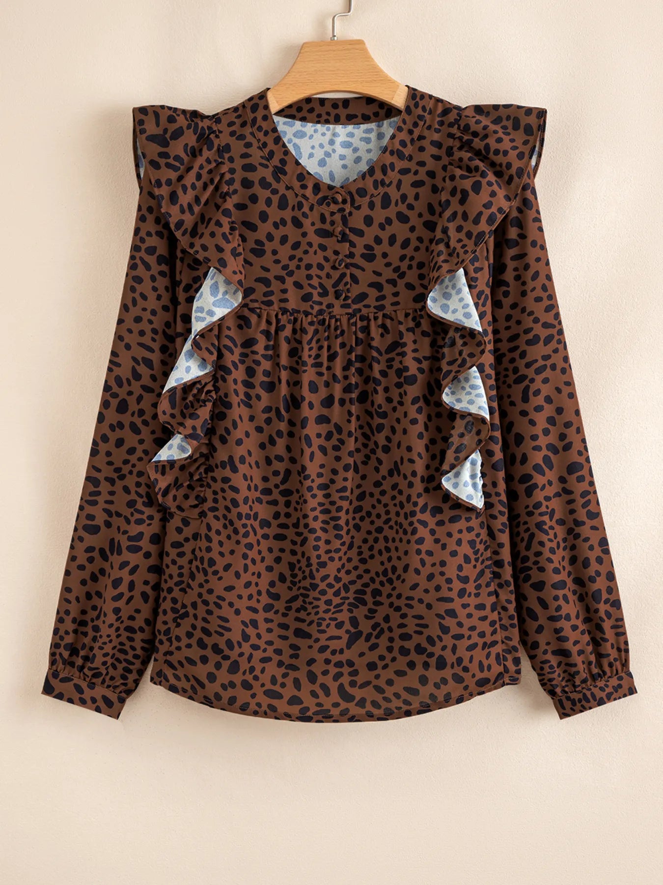 Leopard Print Ruffled Puff Sleeve Blouse | Blouses Daverri Fashions