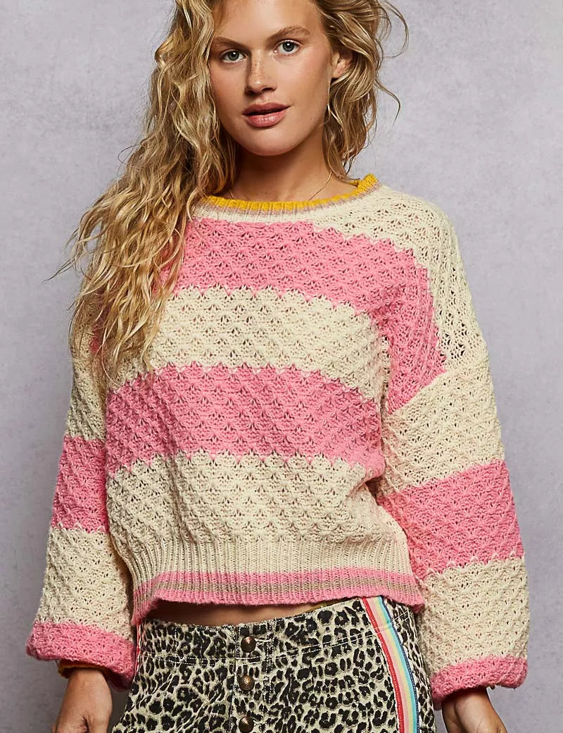 PINK STRIPE POL Contrast Striped Round Neck Sweater with Textured Cable Knit Pattern | Sweaters Daverri Fashions