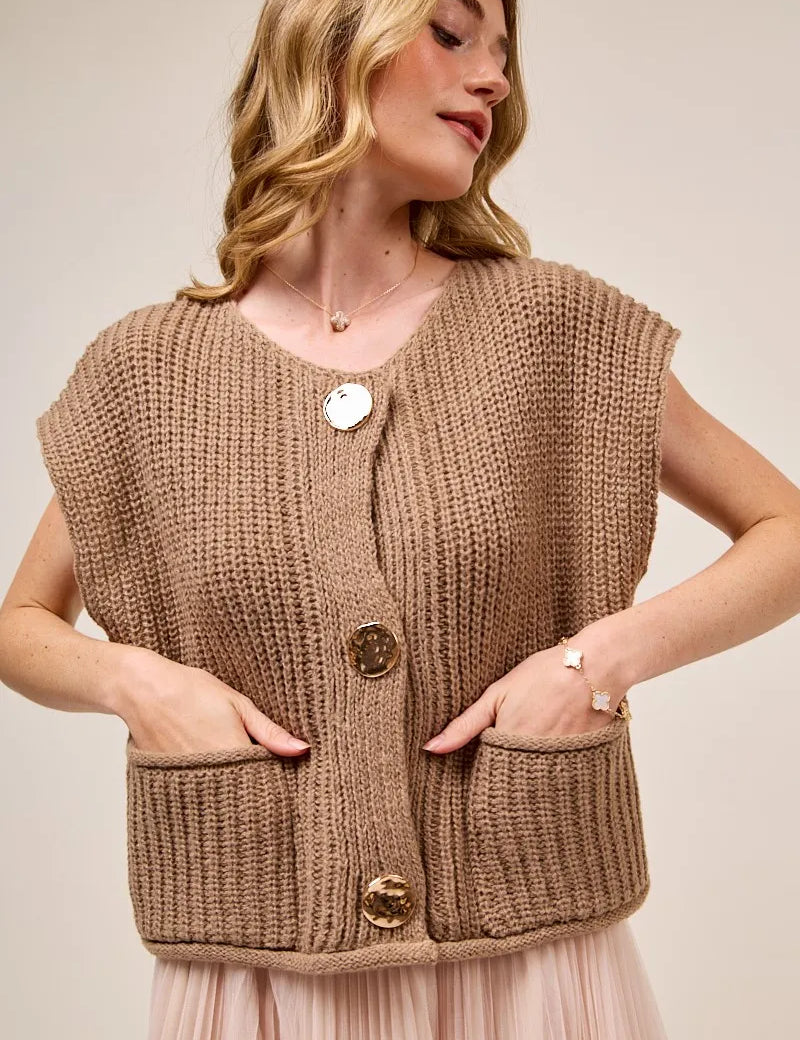COFFEE SO ME Big Metal Button Front Sweater Vest | Sweaters Daverri Fashions