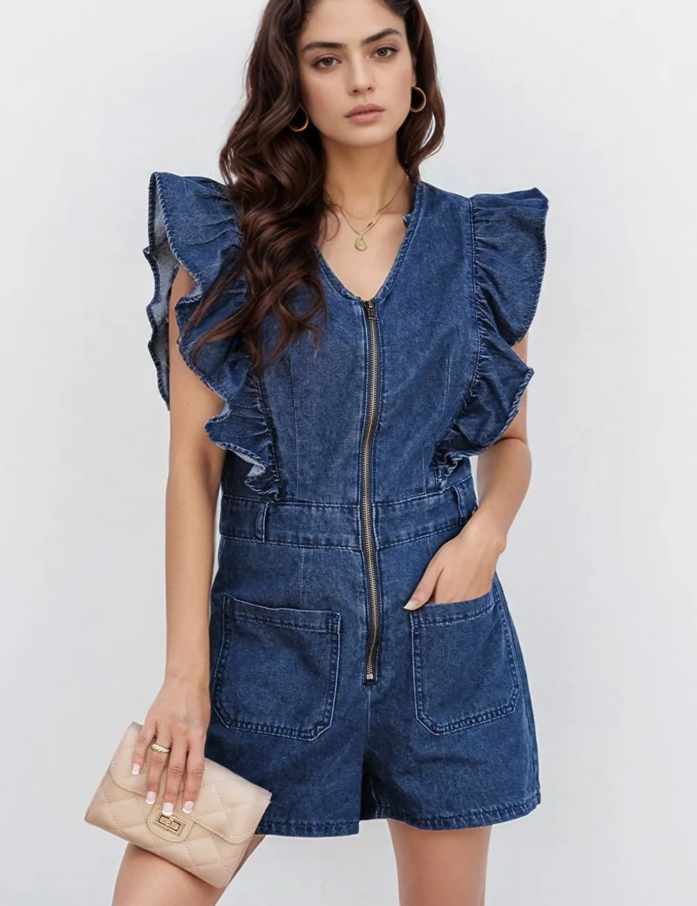 Navy Denim Ruffled Zipped Front Belted Romper | Rompers Daverri Fashions