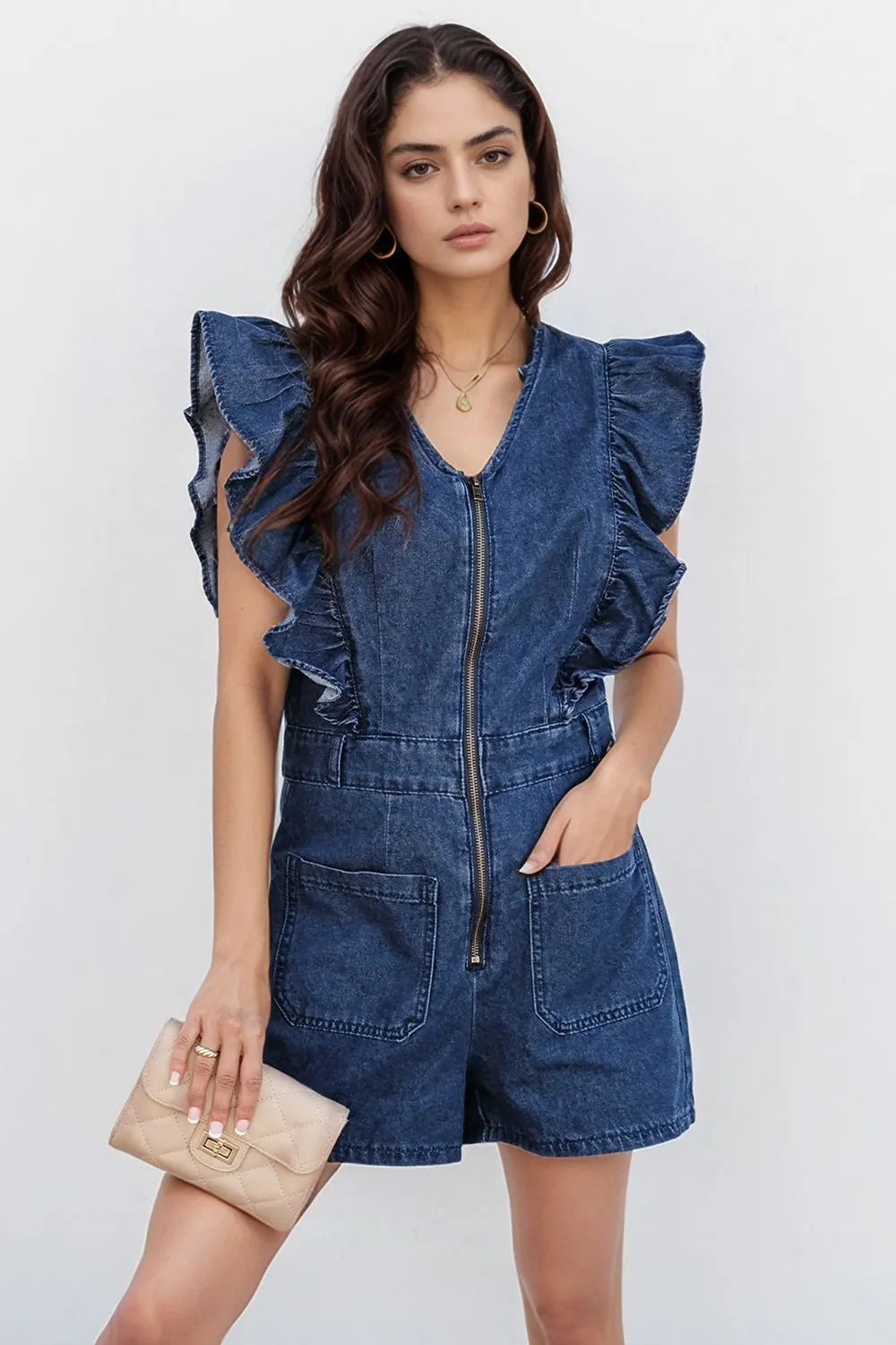 Navy Denim Ruffled Zipped Front Belted Romper | Rompers Daverri Fashions