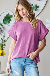 Magenta Heimish Full Size Short Sleeve Round Neck T-Shirt | Daverri Fashions