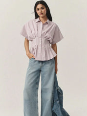 Striped Short Sleeve Button-Up Shirt | Daverri Fashions