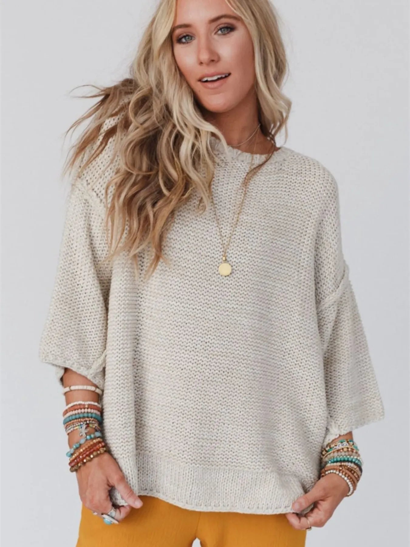 Apricot Round Neck Oversized Knit Top with Relaxed Fit | Tops Daverri Fashions