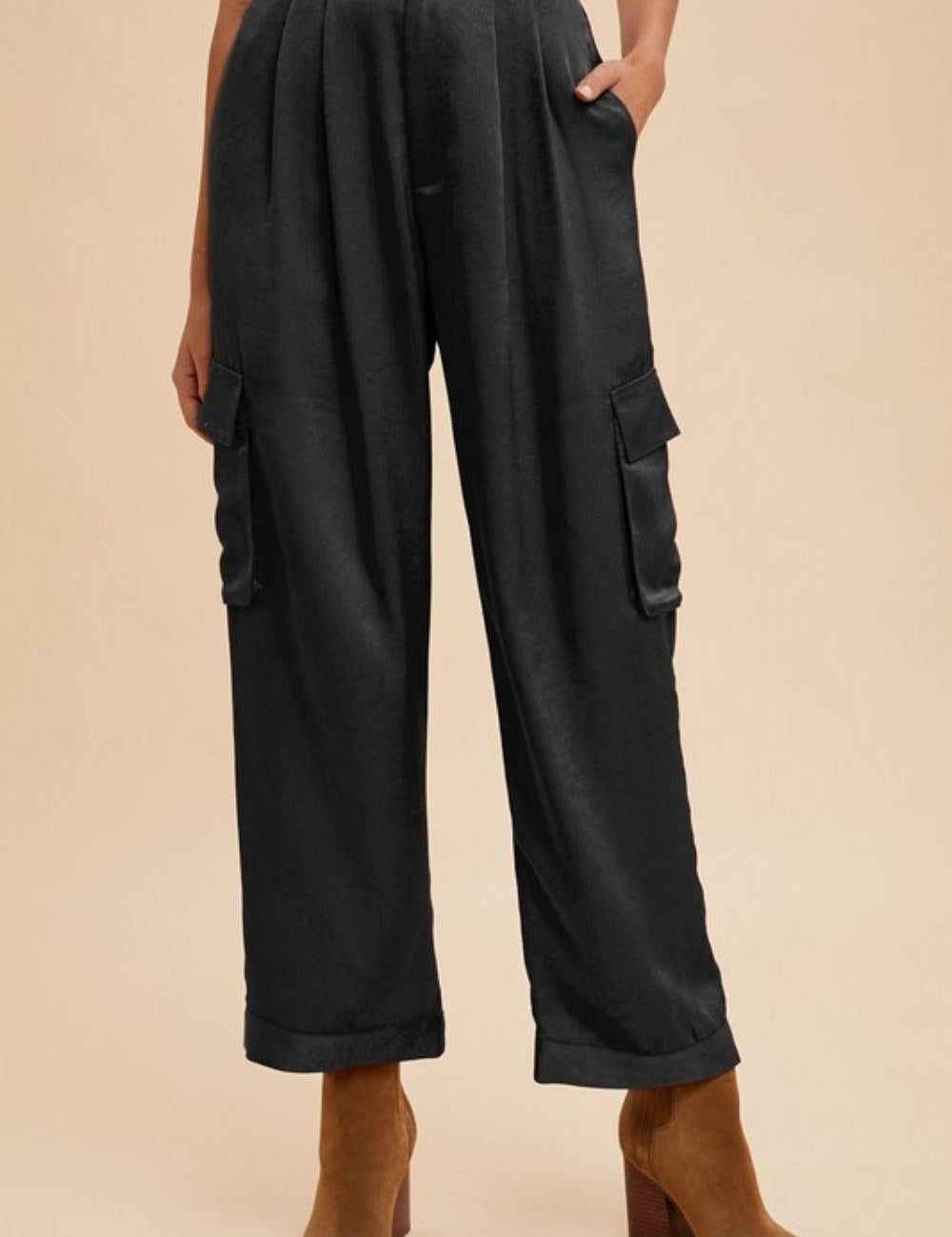 Black Annie Wear Wide Leg Cargo Satin Pants | Pants Daverri Fashions