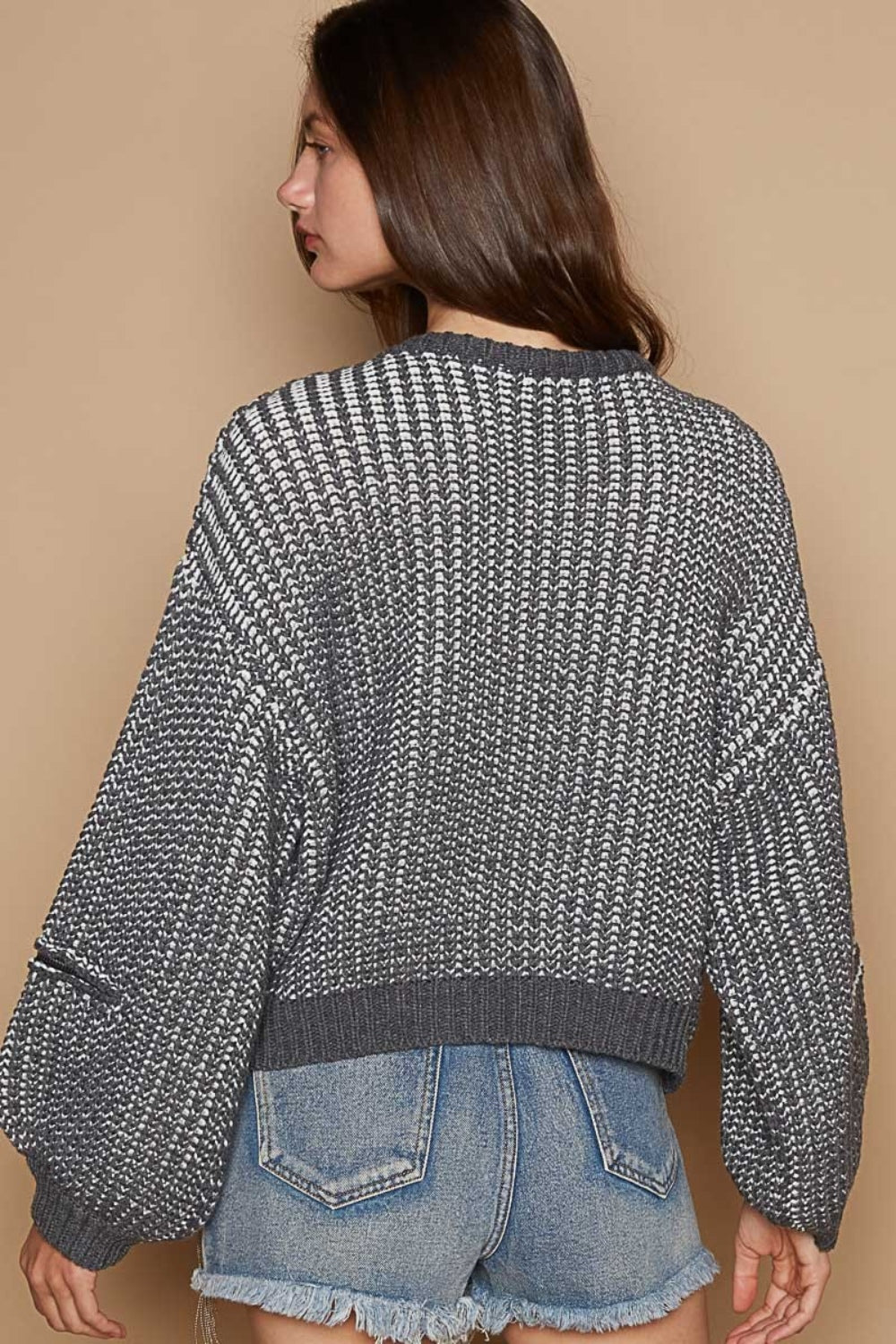 POL Round Neck Heart Patch Zipper Point Sleeve Sweater L | Sweaters Daverri Fashions