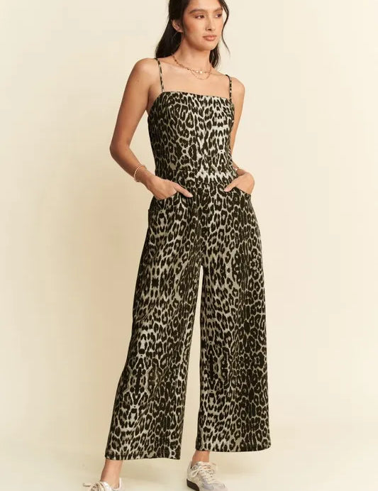 Davi & Dani Leopard Spaghetti Straps Wide Leg Jumpsuit | Jumpsuits Daverri Fashions