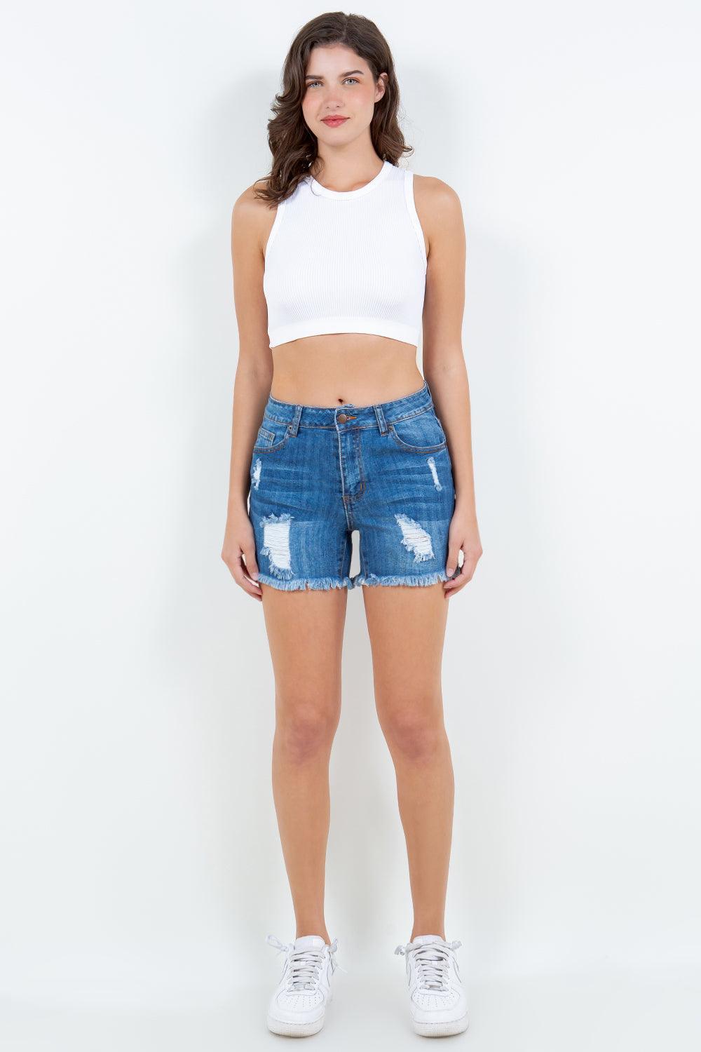 High Waist Distressed Frayed Denim Shorts | Shorts Daverri Fashions