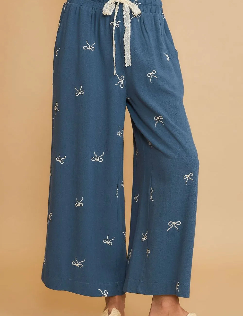 Dusty Blue Umgee Full Size Lace Drawstring Embroidered Bow Wide Leg Pants Plus Size | Daverri Fashions