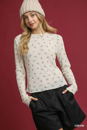 Cream Umgee Bow Print Lightweight Knit Top | Tops Daverri Fashions