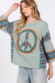 SAGE + FIG Peace Applique Patch Contrast Plaid Top | Tops Daverri Fashions