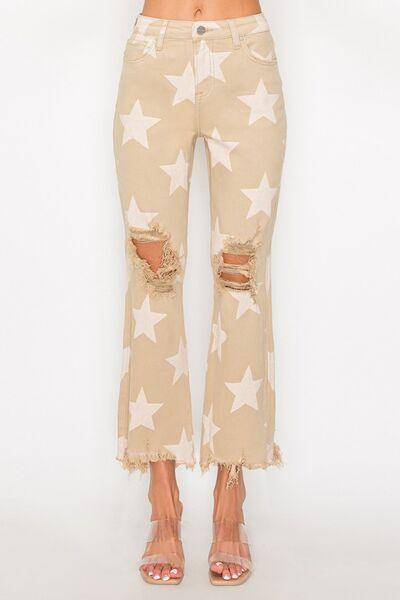 RISEN Full Size High Rise Star Printed Frayed Hem Jeans | Jeans Daverri Fashions