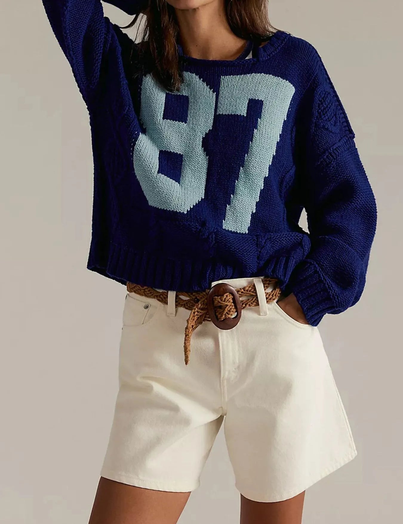 Dark Blue Number 87 Oversized Cable Knit Sweater | Sweaters Daverri Fashions