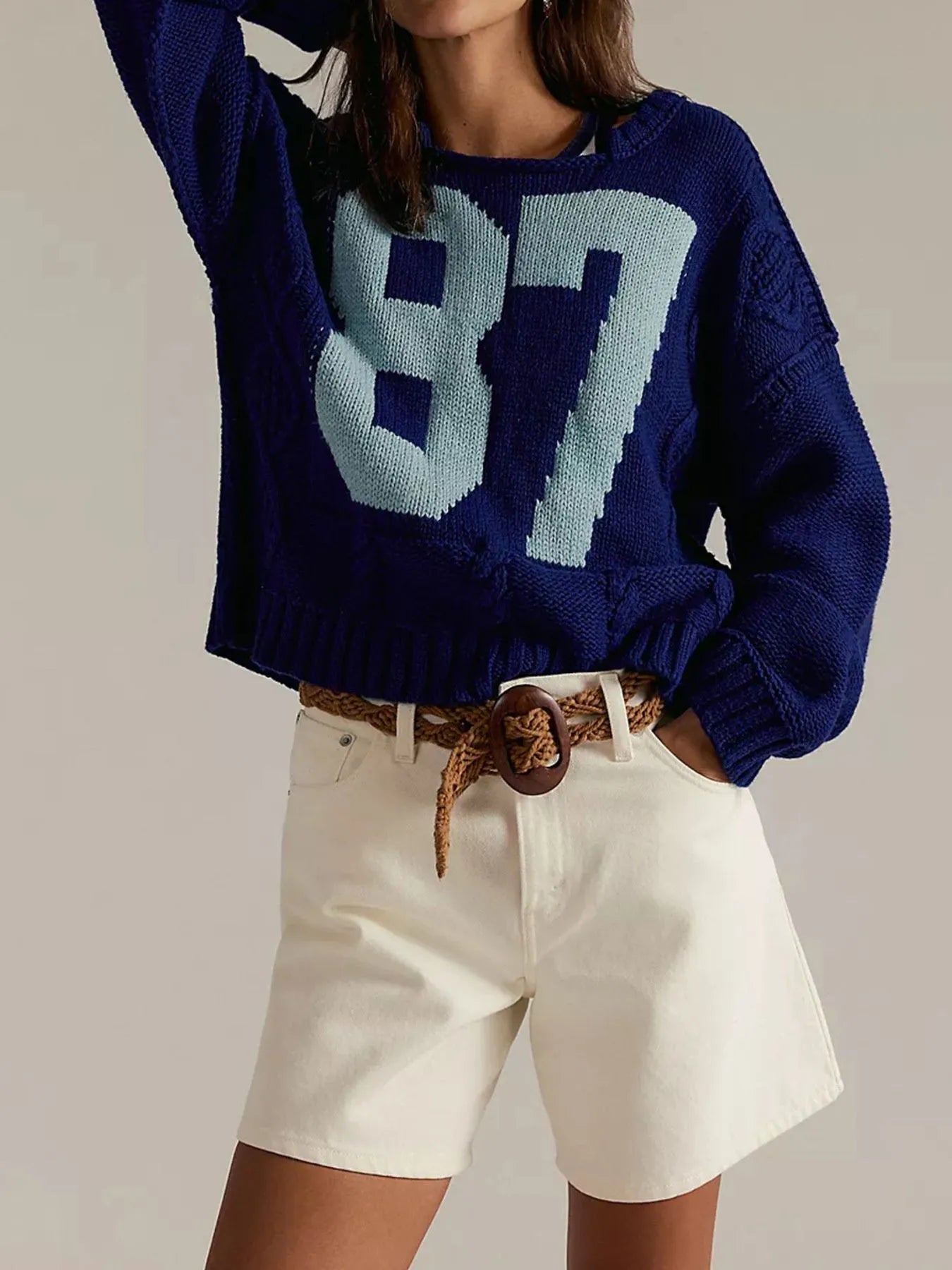 Dark Blue Number 87 Oversized Cable Knit Sweater | Sweaters Daverri Fashions