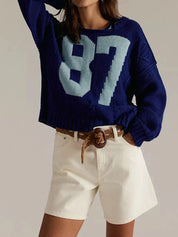Dark Blue Number 87 Oversized Cable Knit Sweater | Sweaters Daverri Fashions