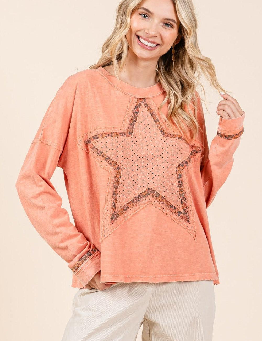Coral cream Mittoshop Mineral Wash Star Patch Long Sleeve T-Shirt | T-Shirts Daverri Fashions