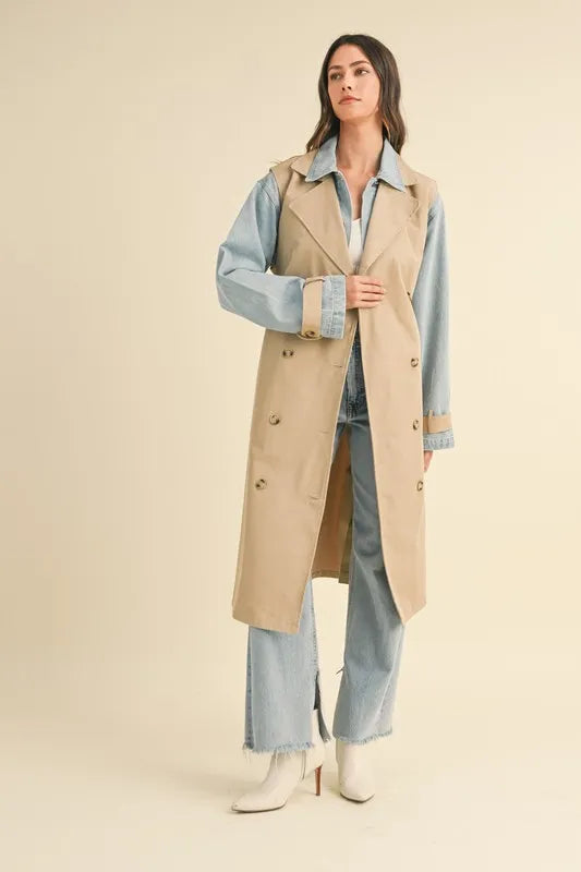 MABLE Layered Look Trench Coat With Denim Jacket | Daverri Fashions