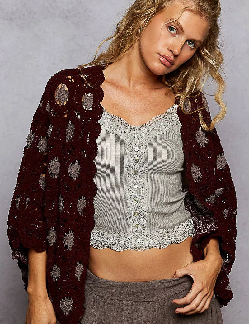 POL Openwork V-Neck Chenille Cardigan with Contrast Floral Burgundy Grey | Cardigans Daverri Fashions
