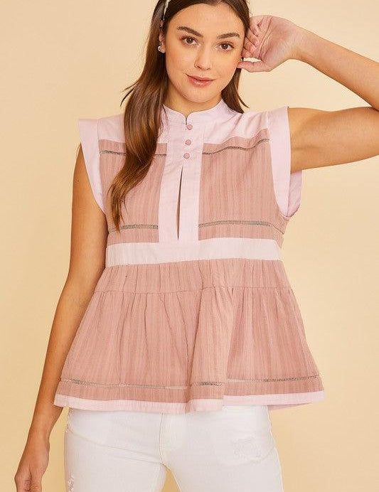 Dusty Pink Annie Wear Contrast Trim Peplum Button Detail Blouse | Blouses Daverri Fashions