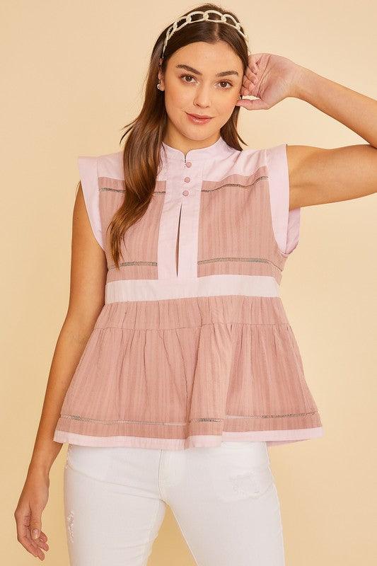 Dusty Pink Annie Wear Contrast Trim Peplum Button Detail Blouse | Blouses Daverri Fashions