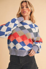 Blue Aemi + Co Diamond Mock Neck Raglan Sleeve Sweater | Sweaters Daverri Fashions