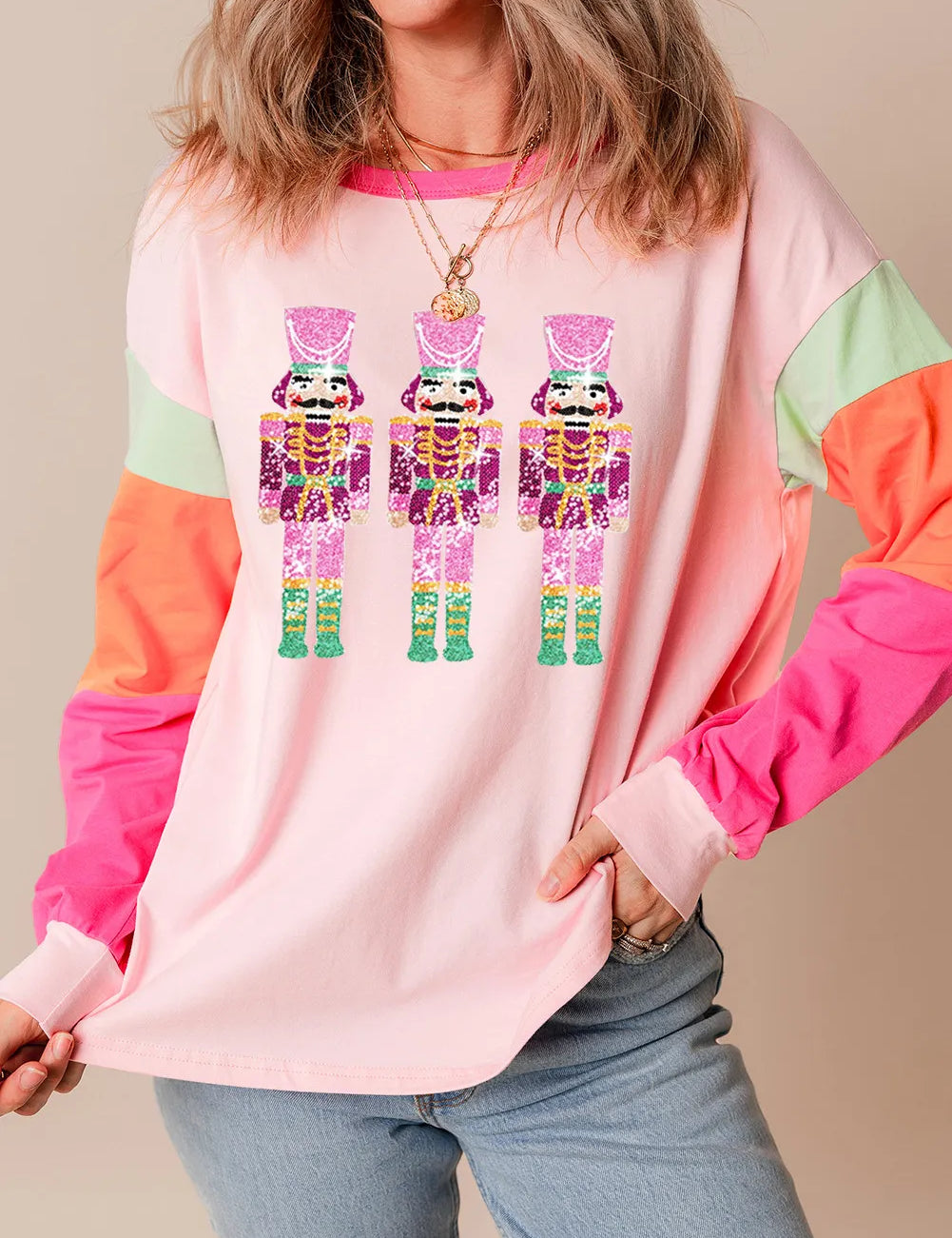 Blush Pink Sequin Nutcracker Round Neck Long Sleeve Top | Tops Daverri Fashions