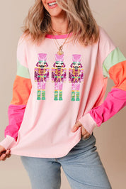 Blush Pink Sequin Nutcracker Round Neck Long Sleeve Top | Tops Daverri Fashions