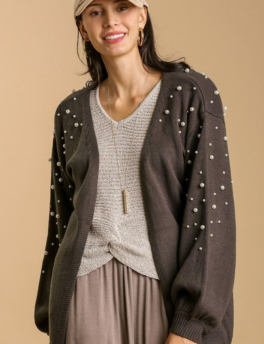 Umgee Open Front Cardigan with Long Sleeve Pearl Details | Cardigans Daverri Fashions