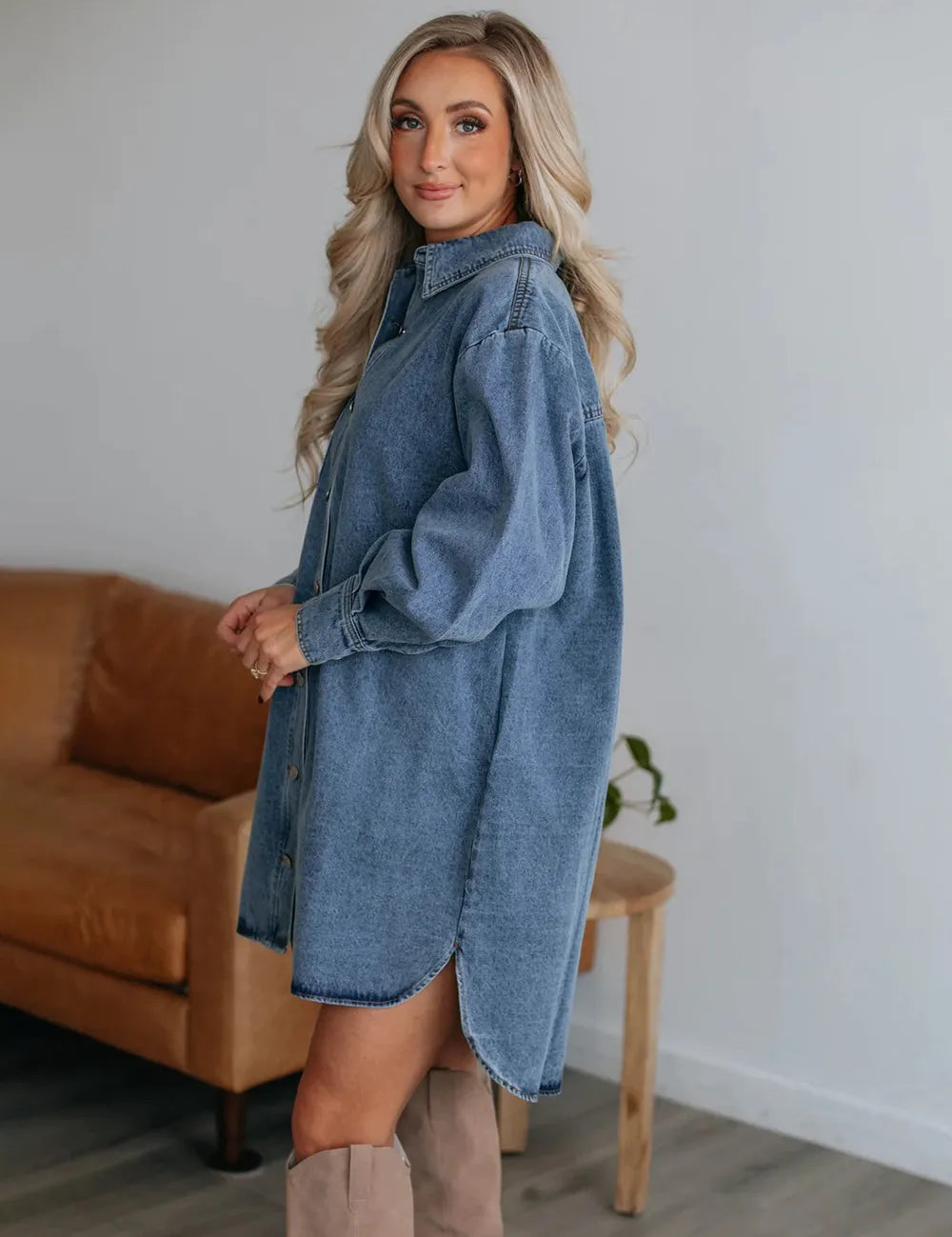 Button Up Collared Neck Long Sleeve Denim Dress | Daverri Fashions